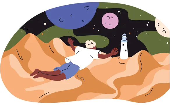 Illustration d'une personne qui vole dans un paysage lunaire avec un phare et des planètes.